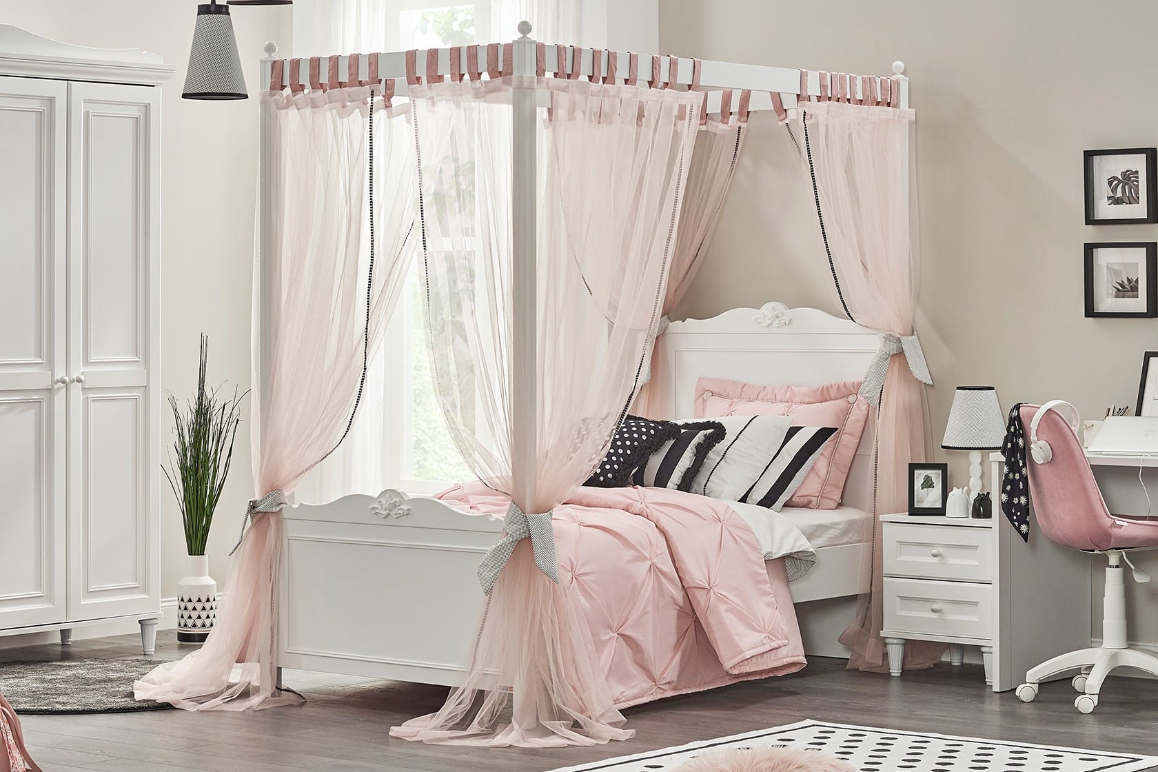 LORA 100X200 BED FRAME WITH CANOPY WHITE